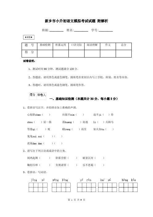 新乡市小升初语文模拟考试试题-附解析