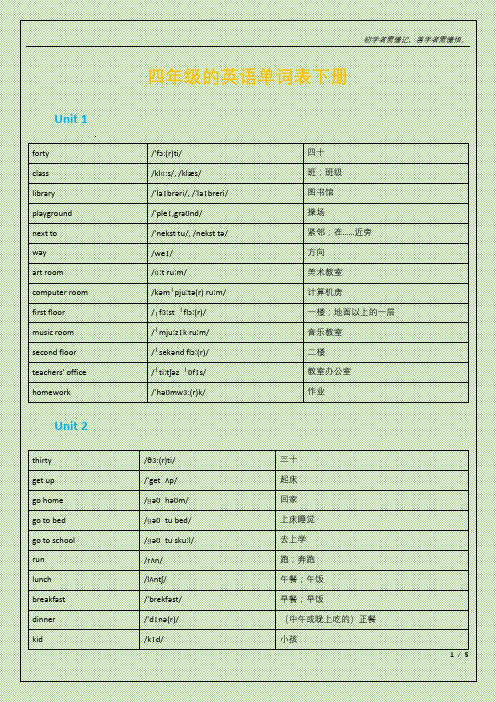 四年级的英语单词表下册