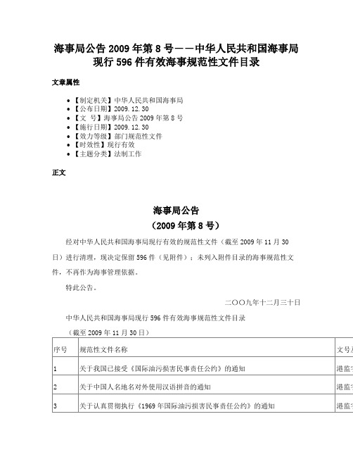 海事局公告2009年第8号――中华人民共和国海事局现行596件有效海事规范性文件目录