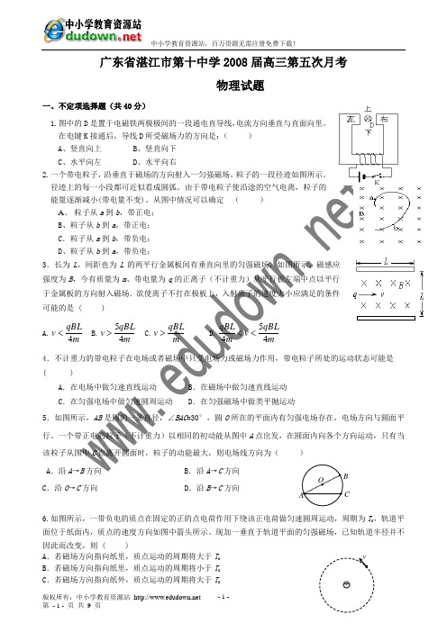 广东省湛江市第十中学2008届高三第五次月考物理试题