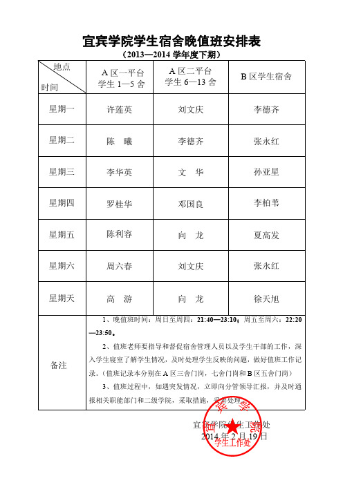 宜宾学院学生宿舍晚值班安排表