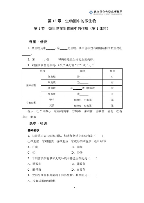 北师生物八上第18章第1节《微生物在生物圈中的作用》课堂精练(第1课时)