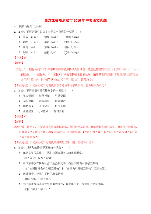 黑龙江省哈尔滨市2016年中考语文真题(含解析)