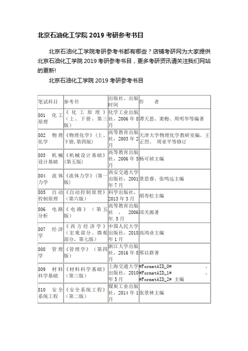 北京石油化工学院2019考研参考书目