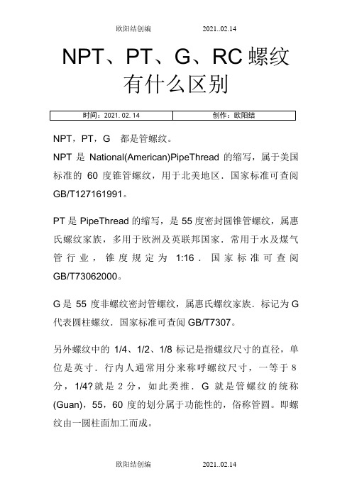 NPT、PT、G、RC螺纹有什么区别之欧阳结创编