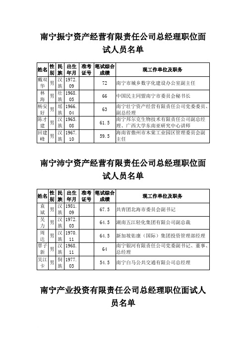 南宁振宁资产经营有限责任公司总经理职位面试人员名单