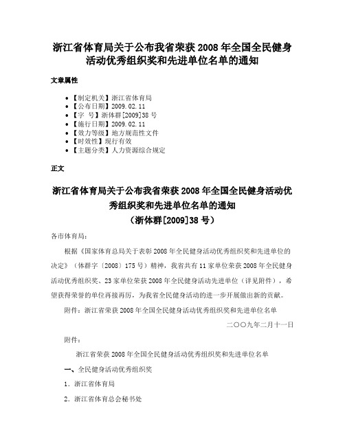 浙江省体育局关于公布我省荣获2008年全国全民健身活动优秀组织奖和先进单位名单的通知