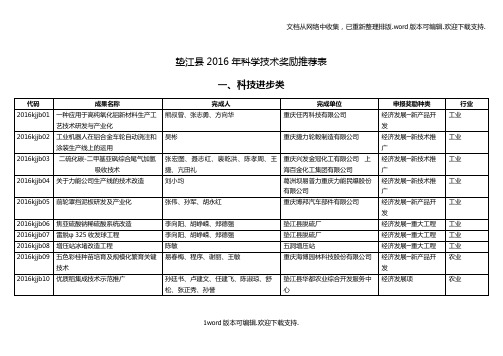 垫江县2016年科学技术奖励推荐表