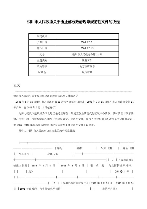 银川市人民政府关于废止部分政府规章规范性文件的决定-银川市人民政府令第21号