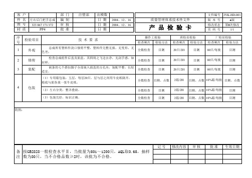 注塑产品检验卡