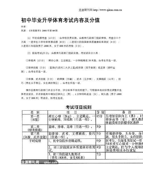 初中毕业升学体育考试内容及分值