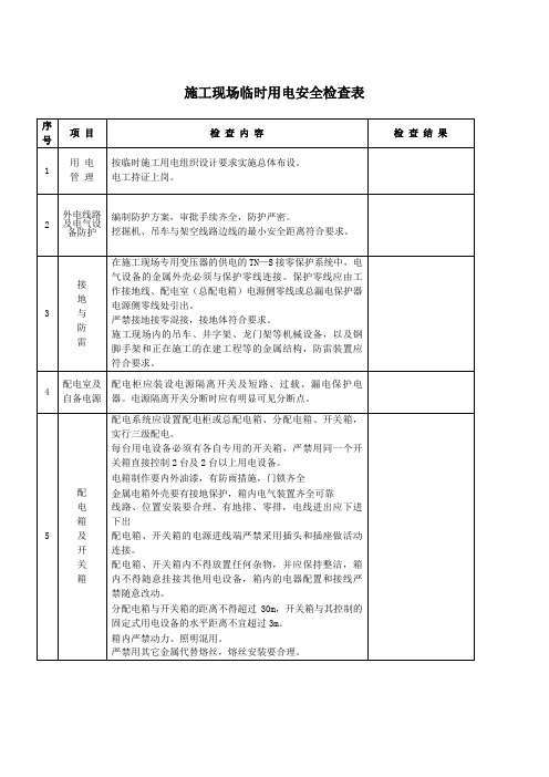 建筑施工现场临时用电安全检查表