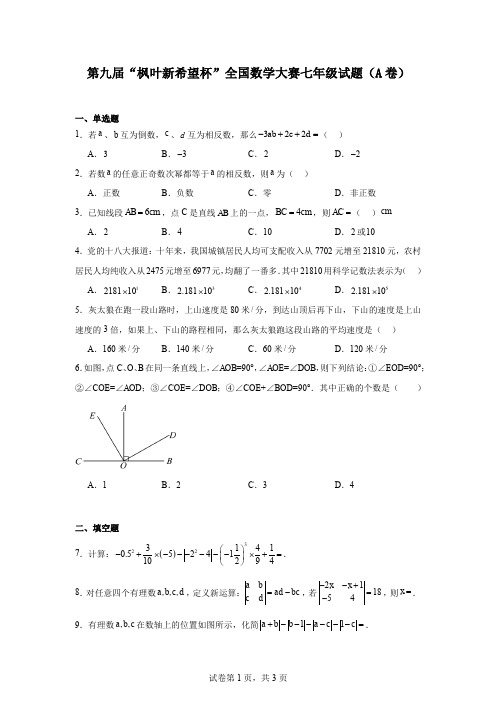 第九届“枫叶新希望杯”全国数学大赛七年级试题(A卷)