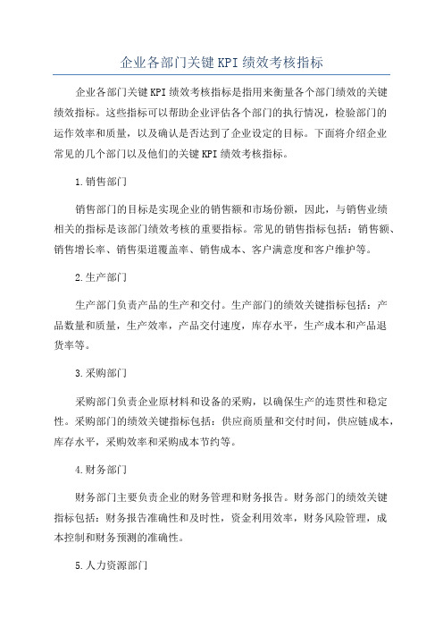 企业各部门关键KPI绩效考核指标