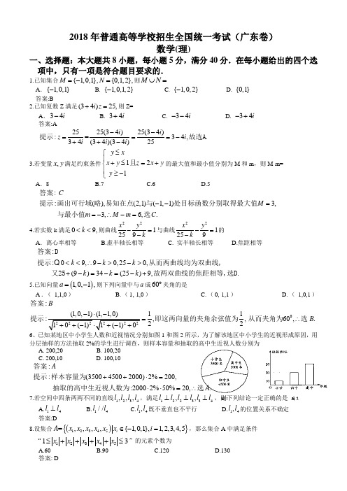 2018年广东高考理科数学试题及答案