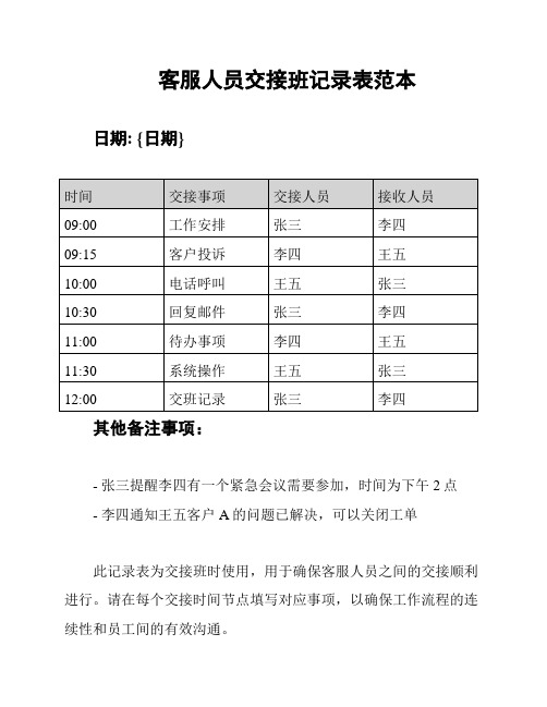 客服人员交接班记录表范本