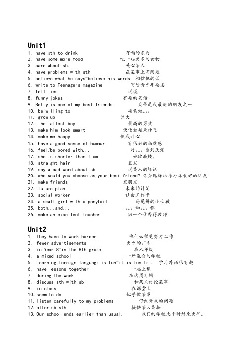 牛津译林版8上期末复习重要词组(1-8单元)