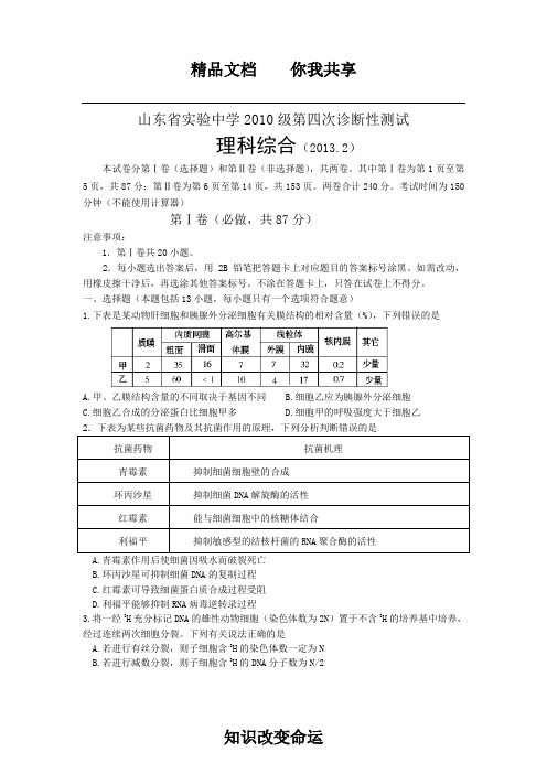 山东省实验中学2013届高三第四次诊断性测试理综试题