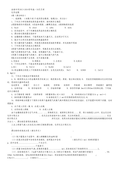 福建省厦门市杏南中学2013-2014学年高一10月月考化学试题 Word版含答案.pdf