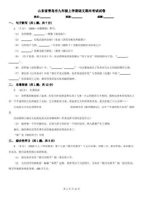 山东省青岛市九年级上学期语文期末考试试卷