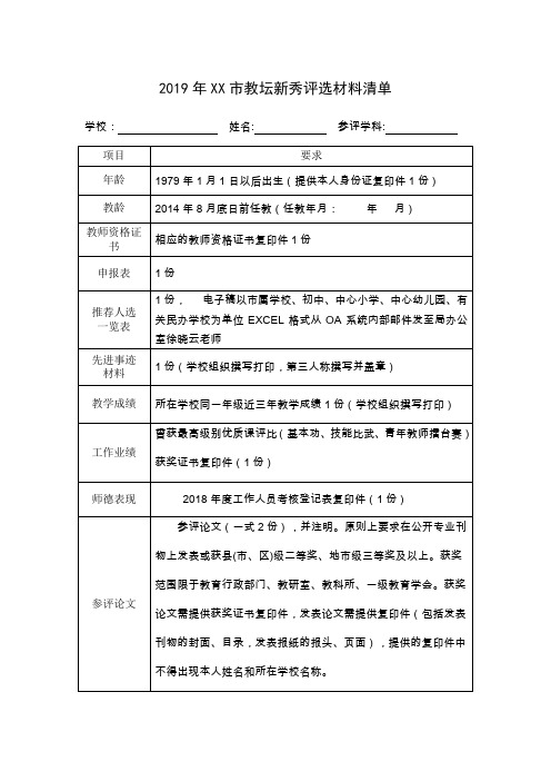 2019年XX市教坛新秀评选材料清单【模板】