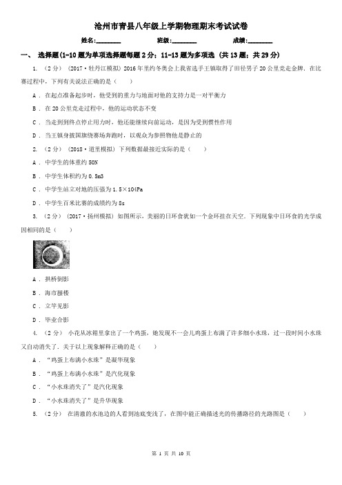 沧州市青县八年级上学期物理期末考试试卷