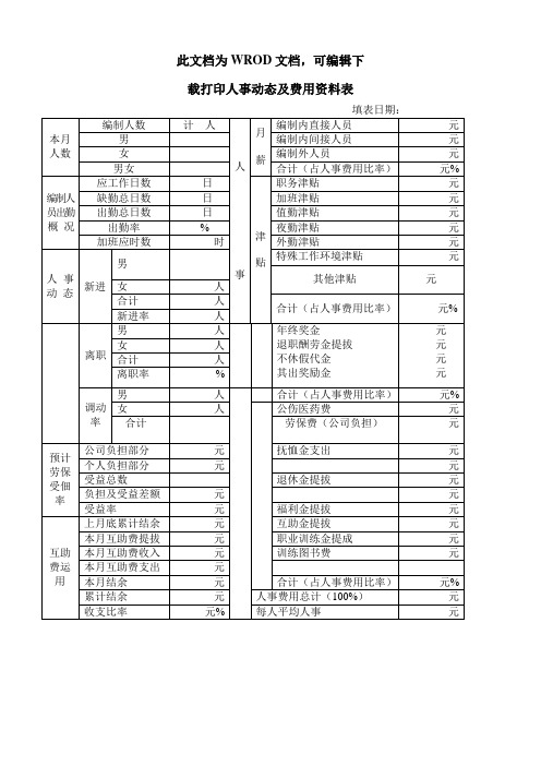 人事动态及费用资料表