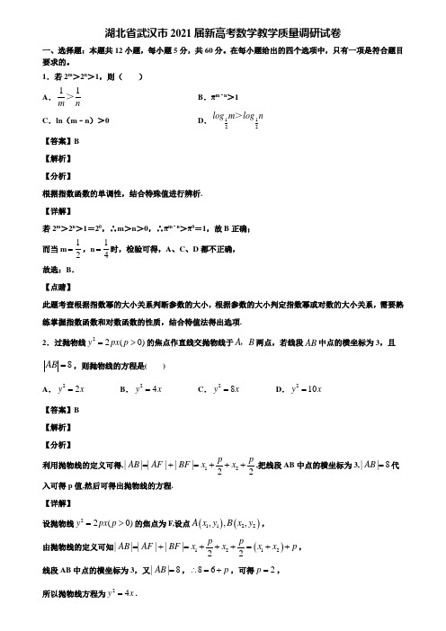 湖北省武汉市2021届新高考数学教学质量调研试卷含解析