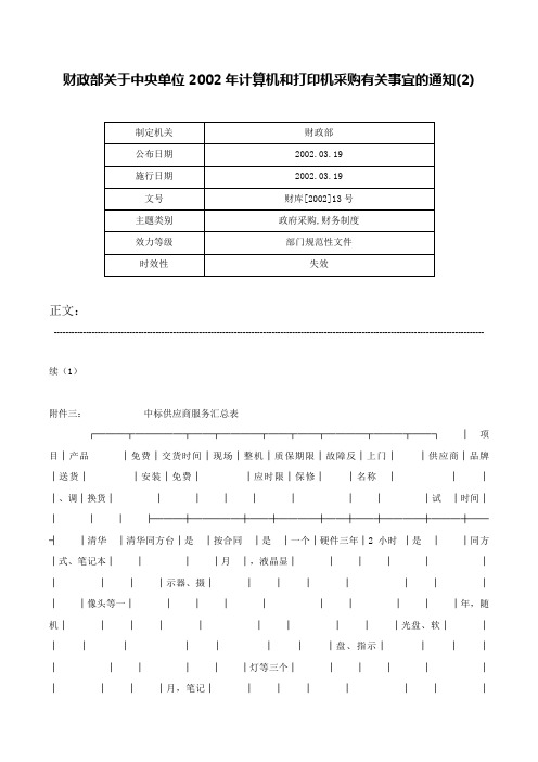 财政部关于中央单位2002年计算机和打印机采购有关事宜的通知(2)-财库[2002]13号