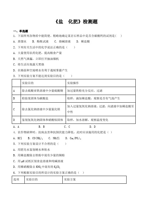 人教版初中化学九年级下册第十一单元《盐  化肥》检测题(含答案)