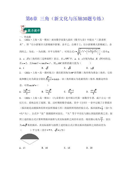 2021-2022学年上海高一数学下学期考试满分全攻略第6章 三角(新文化与压轴30题)(练习版)