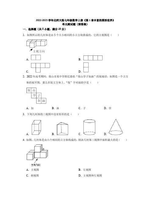 2022-2023学年北师大版七年级数学上册第1章丰富的图形世界单元测试题含答案