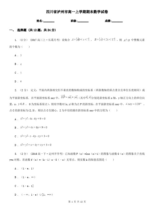 四川省泸州市高一上学期期末数学试卷