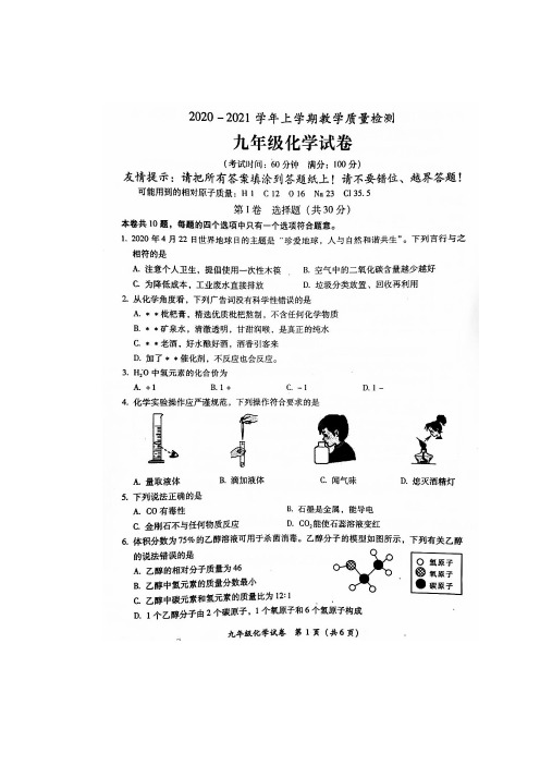 福建省漳州市2021届九年级上学期期末考试化学试题(图片版,含答案)