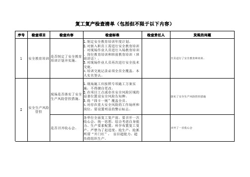 复工复产检查 清单