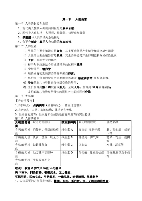 2017人教版七年级下册生物学复习提纲