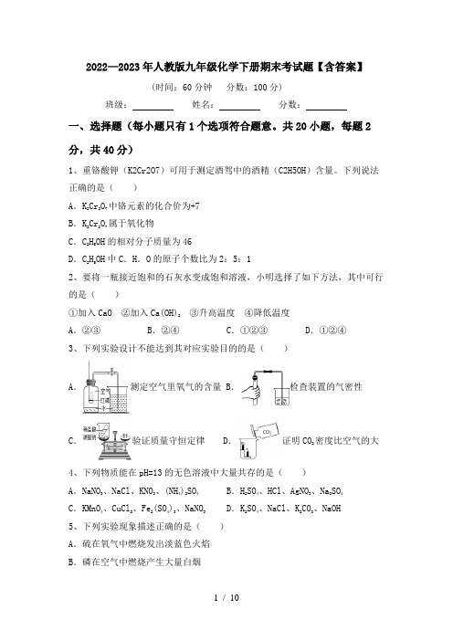 2022—2023年人教版九年级化学下册期末考试题【含答案】