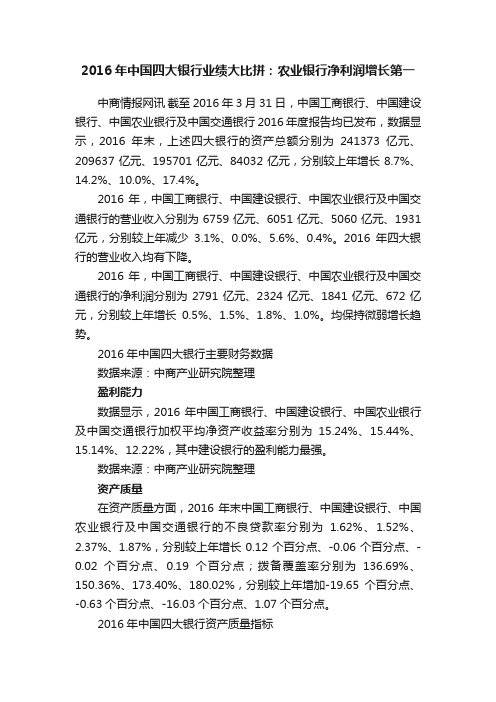 2016年中国四大银行业绩大比拼：农业银行净利润增长第一