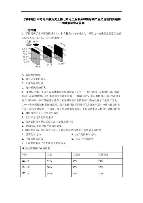 【常考题】中考九年级历史上第七单元工业革命和国际共产主义运动的兴起第一次模拟试卷及答案