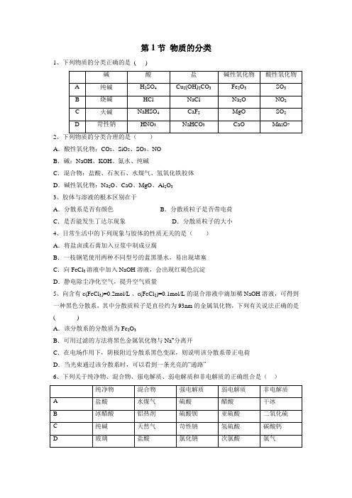 2019-2020学年人教版必修1 第2章第1节 物质的分类 作业