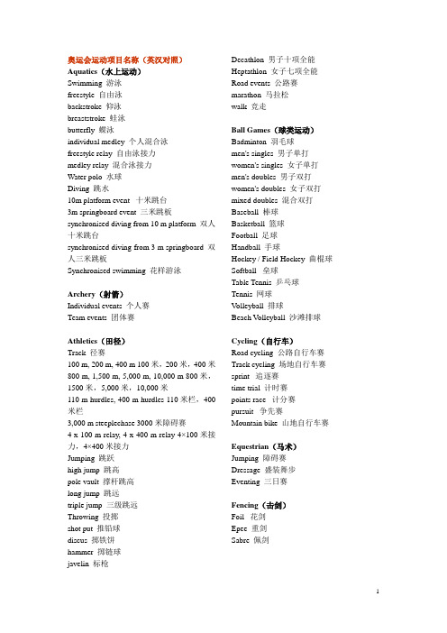 奥运会运动项目名称(英汉对照)