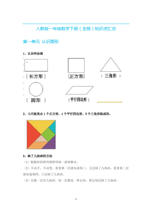 人教版一年级数学下册(全册)知识点汇总