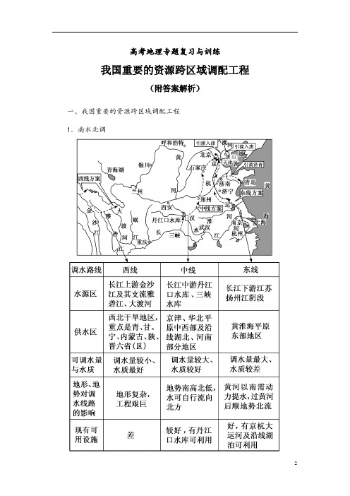 高考地理专题复习与训练：我国重要的资源跨区域调配工程(附答案解析)