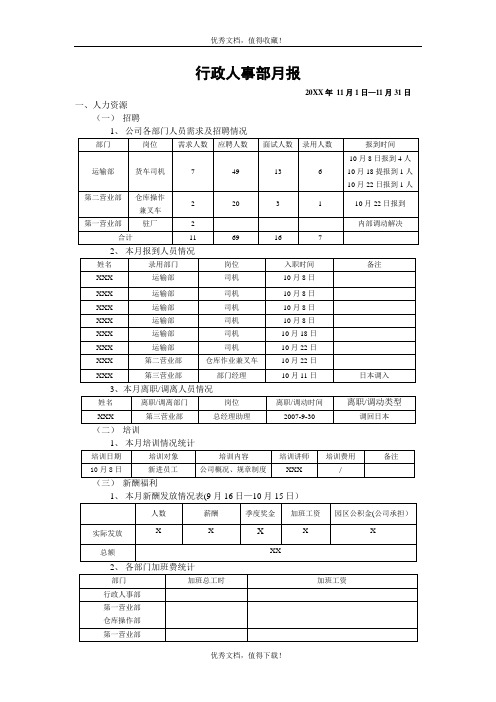 行政人事部月报范例