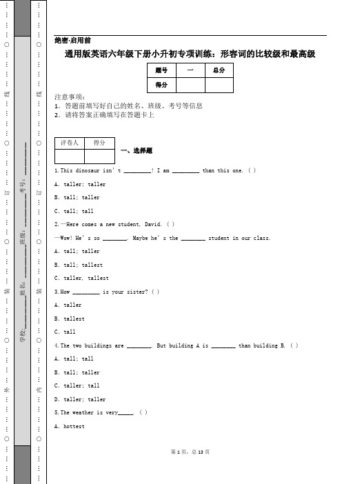 通用版英语六年级下册小升初专项训练：形容词的比较级和最高级