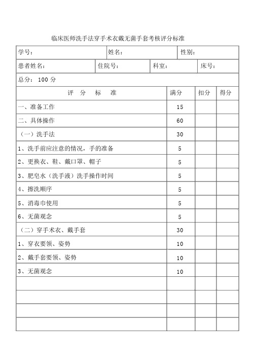 临床医师洗手法穿手术衣戴无菌手套考核评分标准