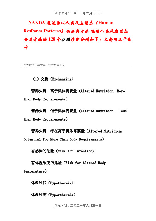 护理常用128个护理诊断