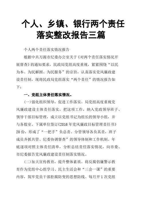 个人、乡镇、银行两个责任落实整改报告三篇