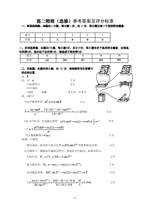 高二物理(选修)参考答案及评分标准