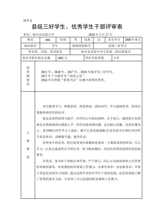 县级三好学生、优秀学生干部评审表